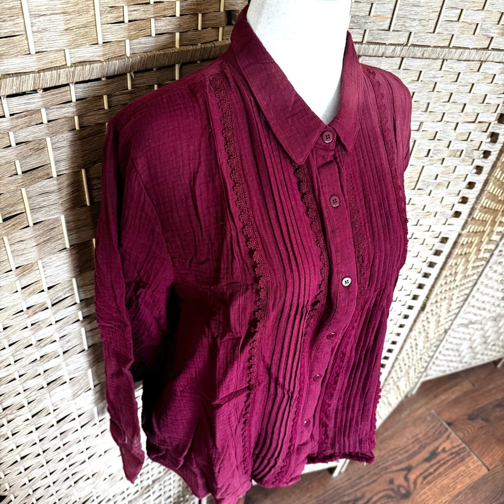 NWT merlot cotton LIV Los Angeles pinktuck blouse 1X - Picture 4 of 14